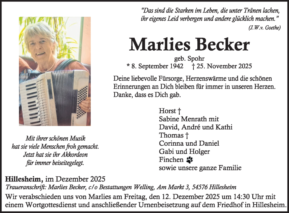  Traueranzeige für Marlies Becker vom 06.12.2025 aus WochenSpiegel
