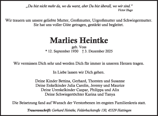 Traueranzeige von Marlies Heintke von WochenSpiegel