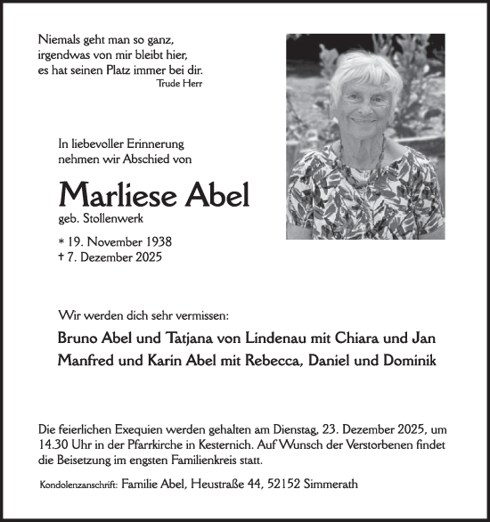 Traueranzeige von Marliese Abel von WochenSpiegel