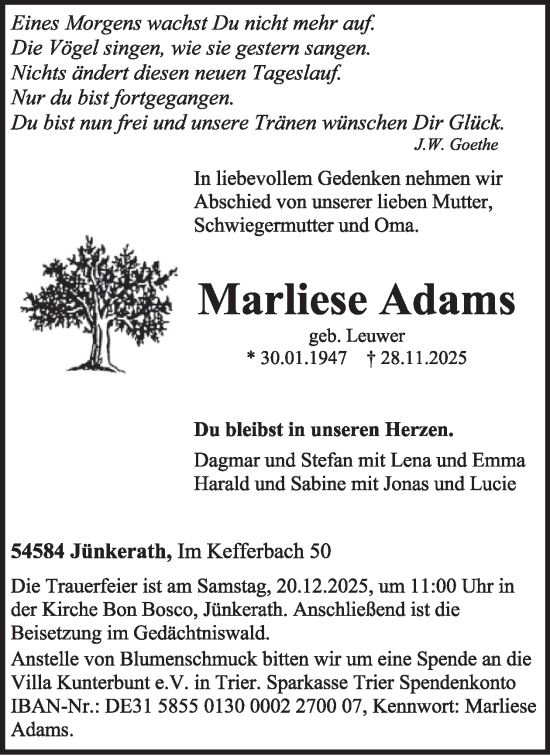 Traueranzeige von Marliese Adams von WochenSpiegel