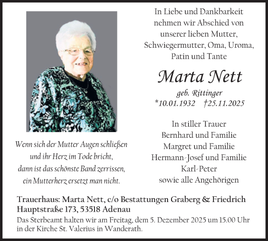 Traueranzeige von Marta Nett von WochenSpiegel