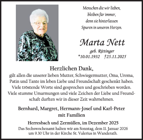 Traueranzeige von Marta Nett von WochenSpiegel