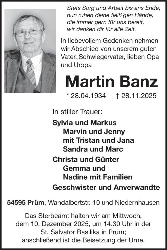 Traueranzeige von Martin Banz von WochenSpiegel