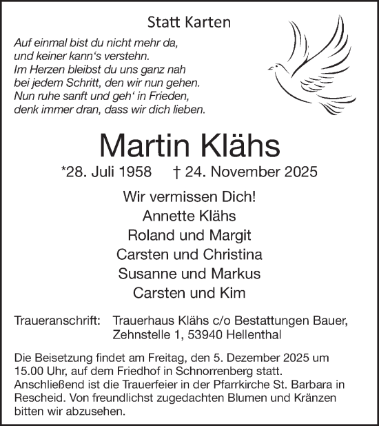Traueranzeige von Martin Klähs von WochenSpiegel