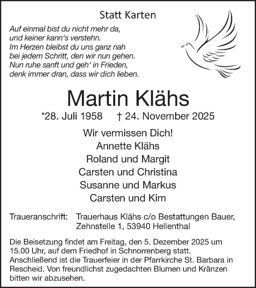  Traueranzeige für Martin Klähs vom 03.12.2025 aus WochenSpiegel