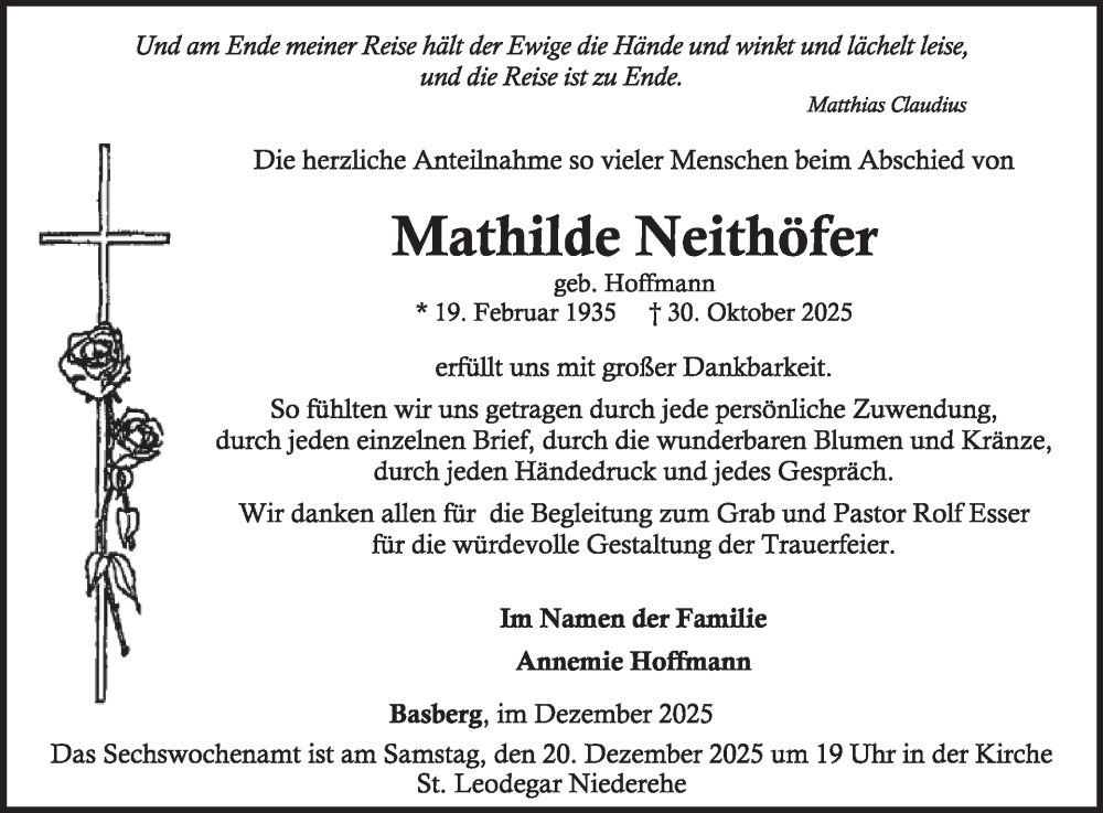  Traueranzeige für Mathilde Neithöfer vom 13.12.2025 aus WochenSpiegel