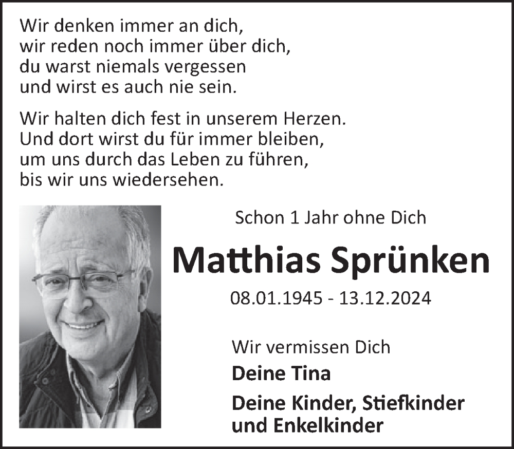  Traueranzeige für Matthias Sprünken vom 10.12.2025 aus WochenSpiegel