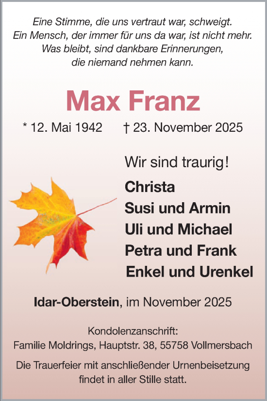 Traueranzeige von Max Franz von WochenSpiegel