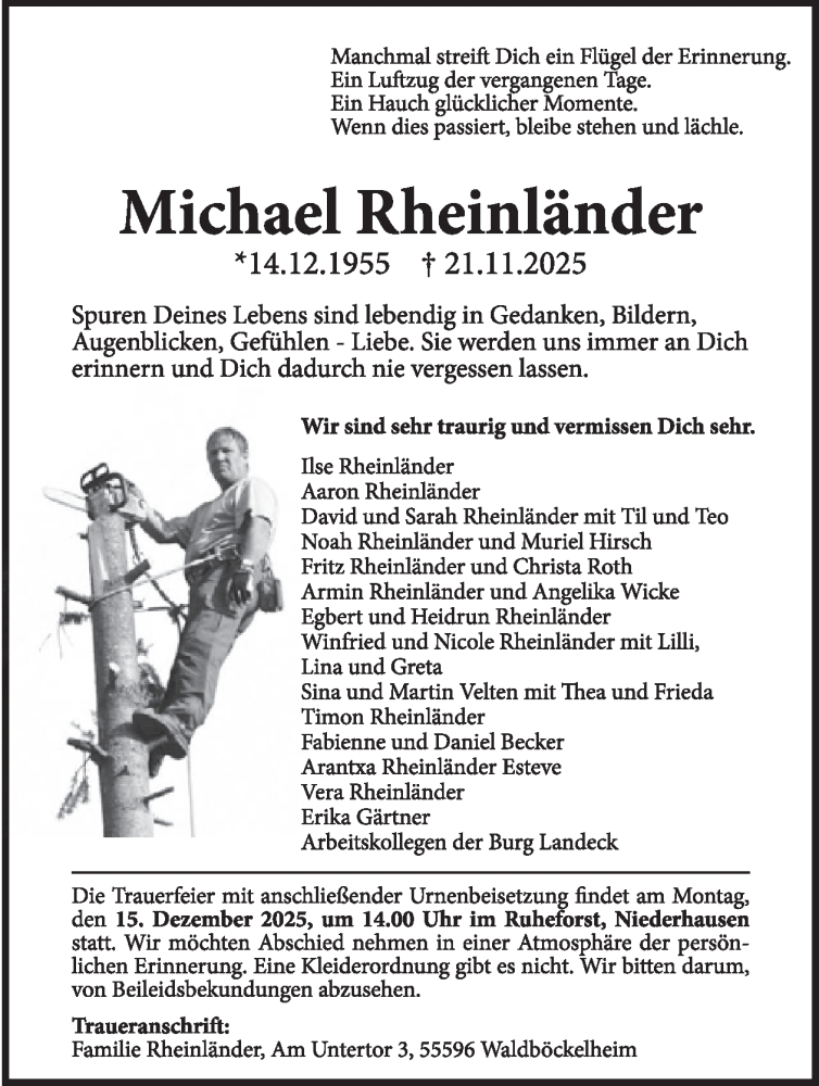  Traueranzeige für Michael Rheinländer vom 13.12.2025 aus WochenSpiegel