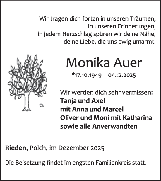 Traueranzeige von Monika Auer von WochenSpiegel