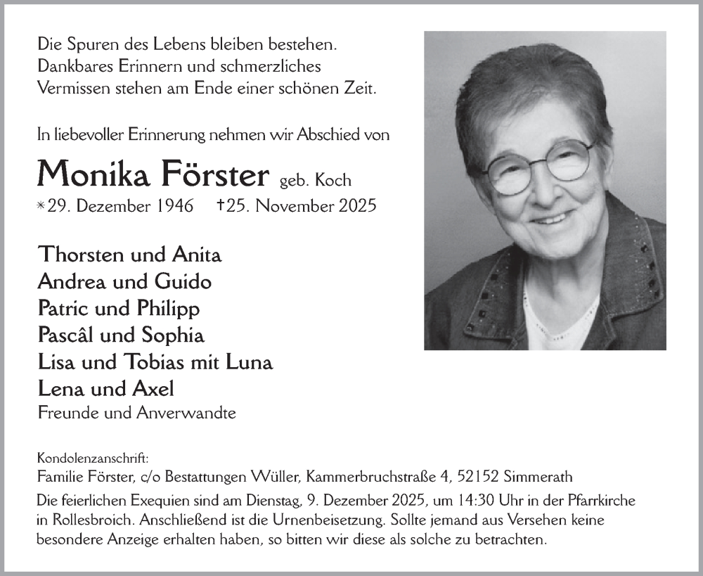  Traueranzeige für Monika Förster vom 03.12.2025 aus WochenSpiegel