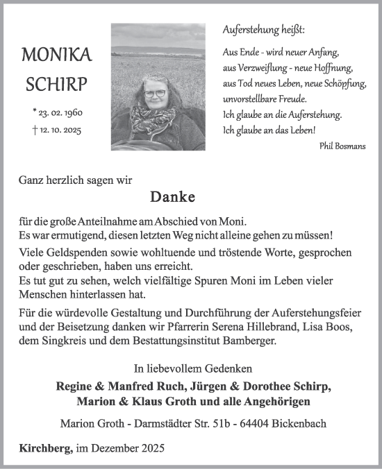 Traueranzeige von Monika Schirp von WochenSpiegel