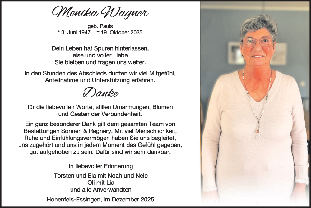  Traueranzeige für Monika Wagner vom 27.12.2025 aus WochenSpiegel