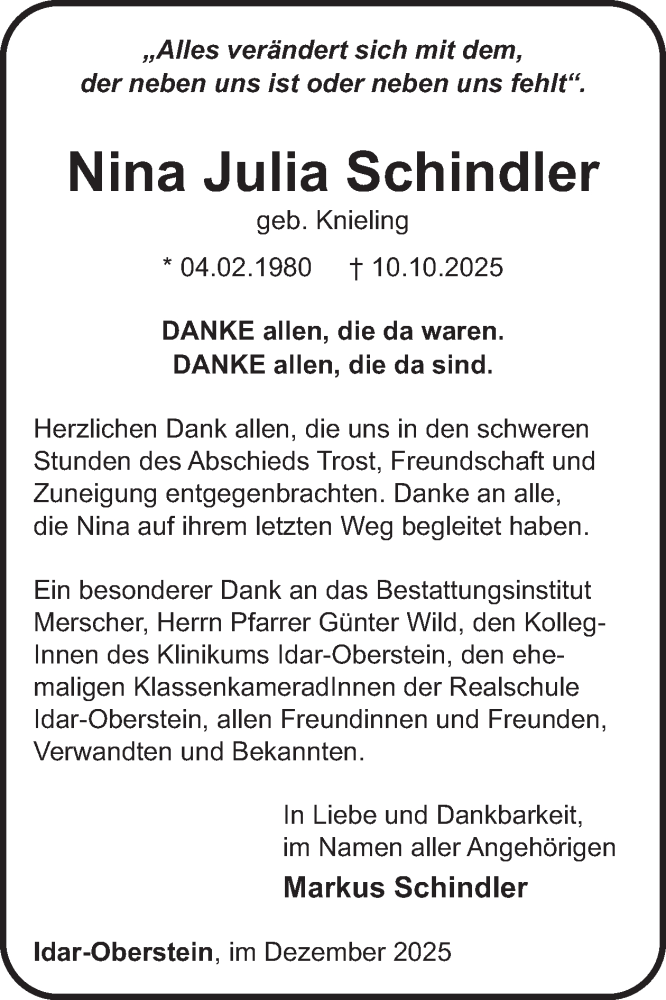  Traueranzeige für Nina Julia Schindler vom 20.12.2025 aus WochenSpiegel