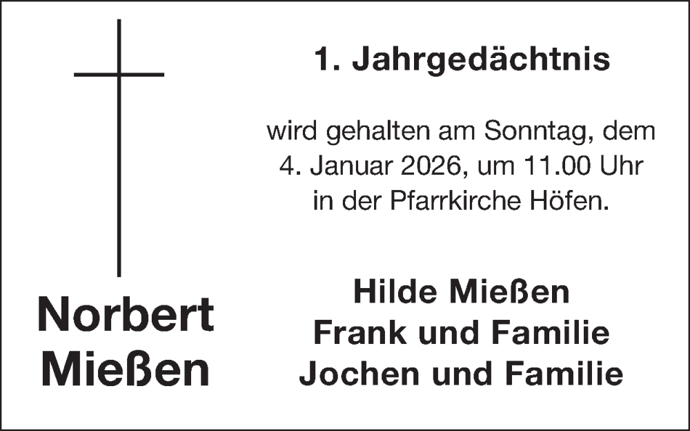  Traueranzeige für Norbert Mießen vom 17.12.2025 aus WochenSpiegel