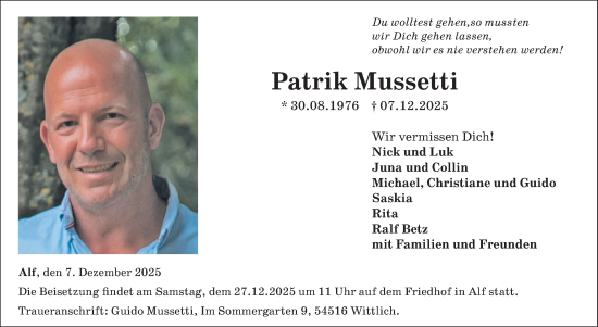 Traueranzeige von Patrik Mussetti von WochenSpiegel