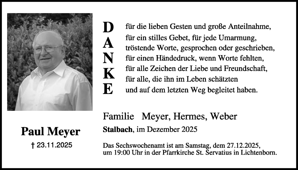 Traueranzeige für Paul Meyer vom 19.12.2025 aus WochenSpiegel