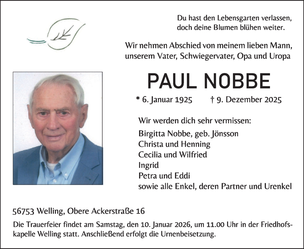  Traueranzeige für Paul Nobbe vom 24.12.2025 aus WochenSpiegel