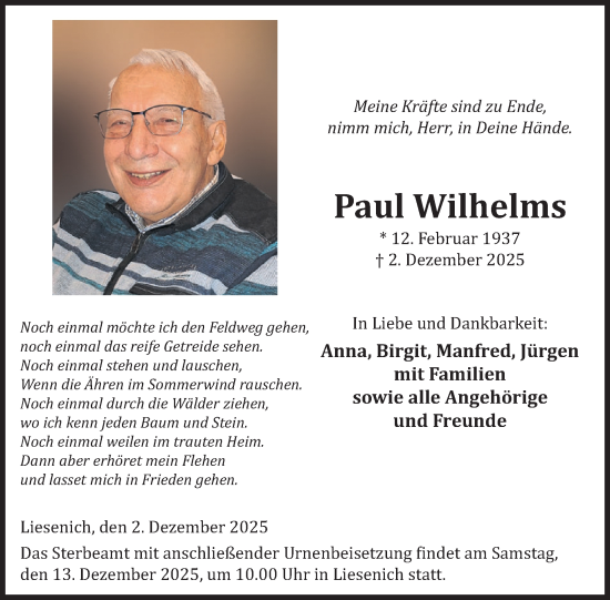 Traueranzeige von Paul Wilhelms von WochenSpiegel