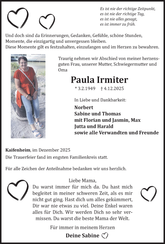 Traueranzeige von Paula Irmiter von WochenSpiegel