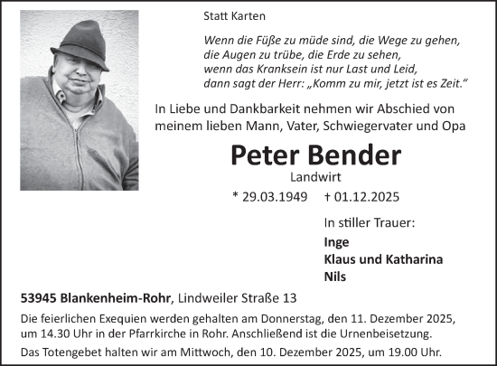 Traueranzeige von Peter Bender von WochenSpiegel