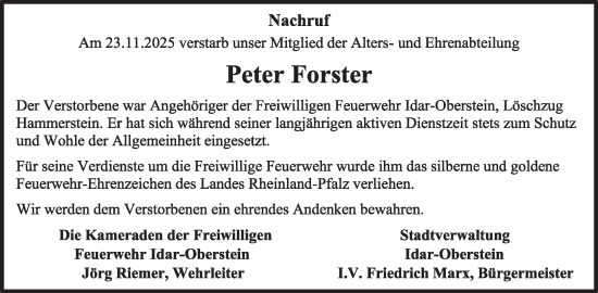 Traueranzeige von Peter Forster von WochenSpiegel