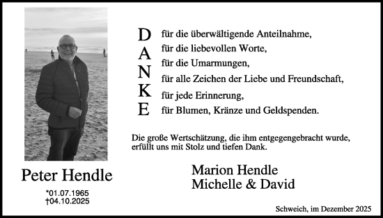 Traueranzeige von Peter Hendle von WochenSpiegel