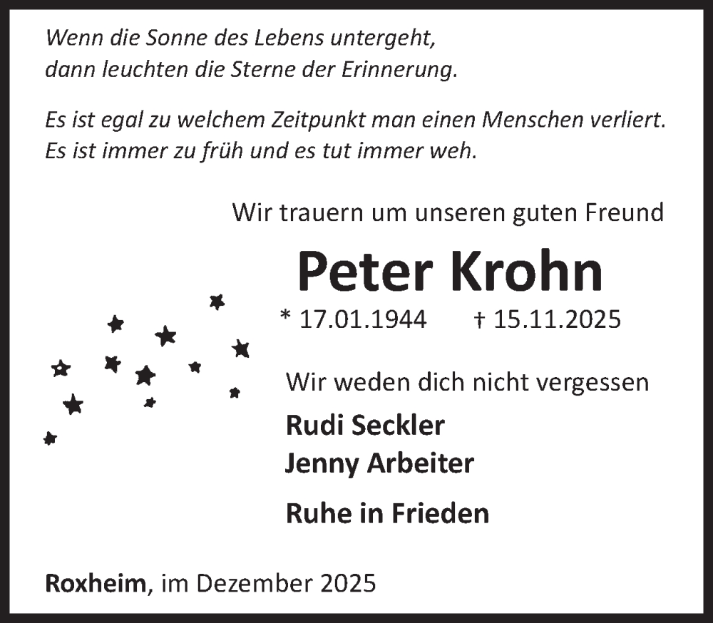  Traueranzeige für Peter Krohn vom 06.12.2025 aus WochenSpiegel