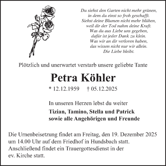 Traueranzeige von Petra Köhler von WochenSpiegel