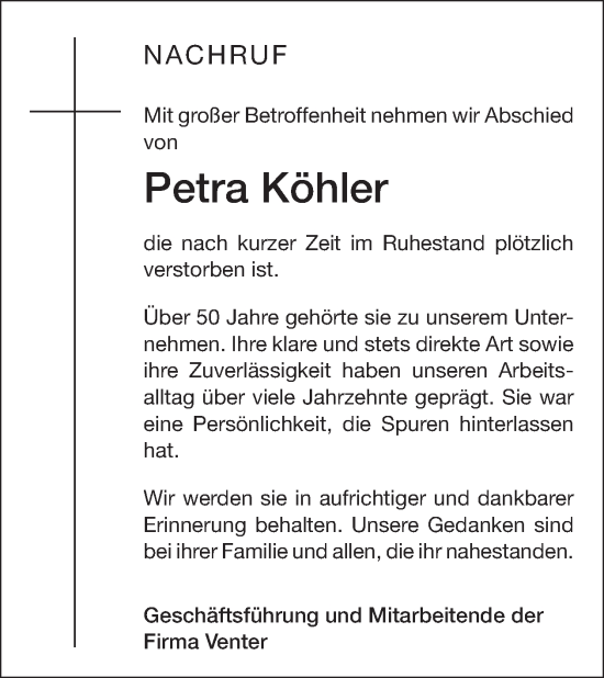 Traueranzeige von Petra Köhler von WochenSpiegel