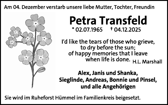 Traueranzeige von Petra Transfeld von WochenSpiegel