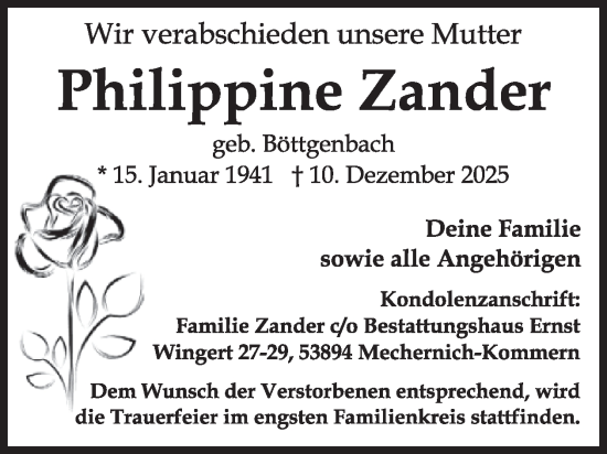 Traueranzeige von Philippine Zander von WochenSpiegel