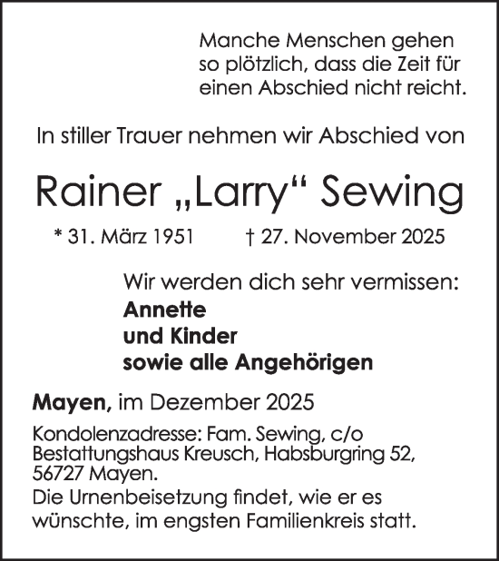 Traueranzeige von Rainer Sewing von WochenSpiegel
