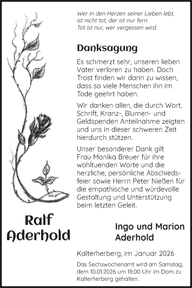  Traueranzeige für Ralf Aderhold vom 31.12.2025 aus WochenSpiegel