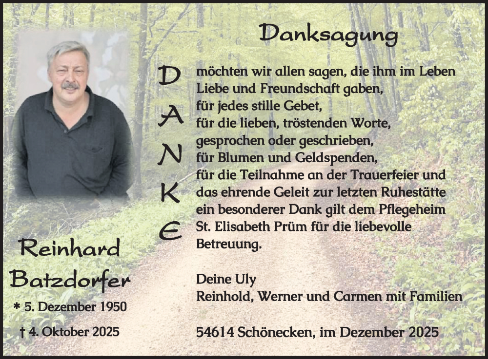  Traueranzeige für Reinhard Batzdorfer vom 19.12.2025 aus WochenSpiegel