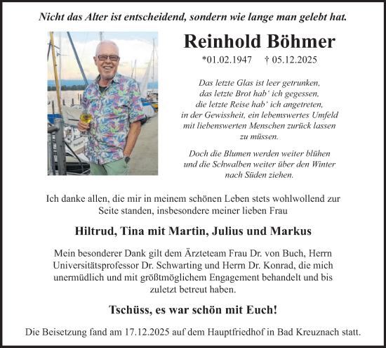 Traueranzeige von Reinhold Böhmer von WochenSpiegel