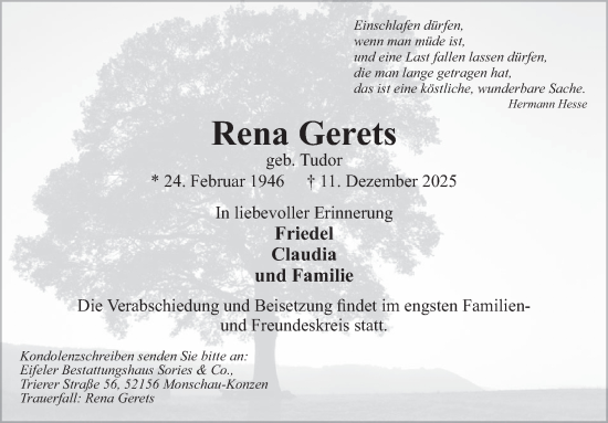 Traueranzeige von Rena Gerets von WochenSpiegel