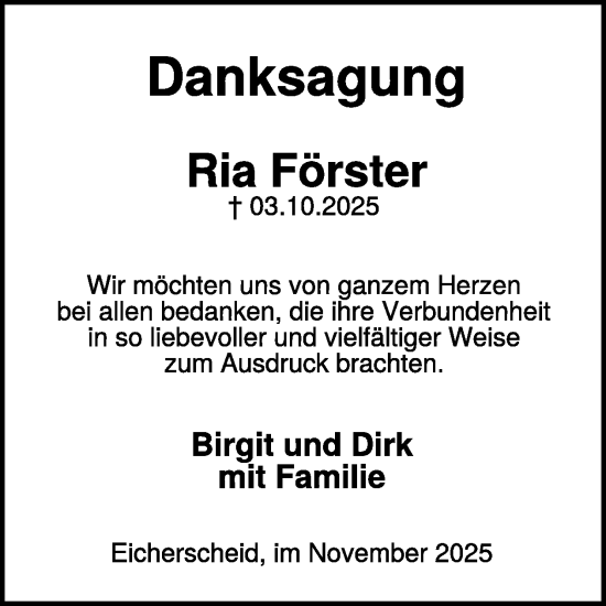 Traueranzeige von Ria Förster von WochenSpiegel
