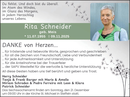 Traueranzeige von Rita Schneider von WochenSpiegel