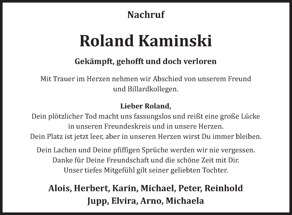  Traueranzeige für Roland Kaminski vom 26.12.2025 aus WochenSpiegel