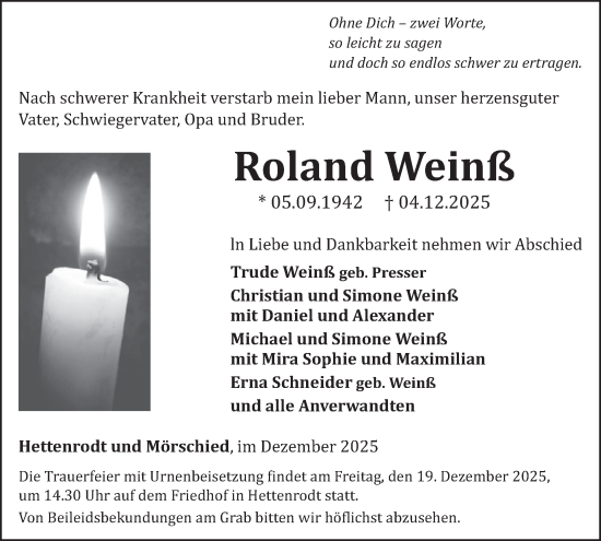 Traueranzeige von Roland Weinß von WochenSpiegel