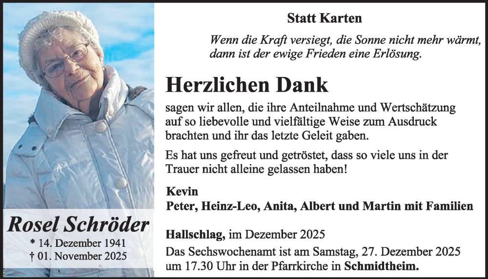  Traueranzeige für Rosel Schröder vom 13.12.2025 aus WochenSpiegel