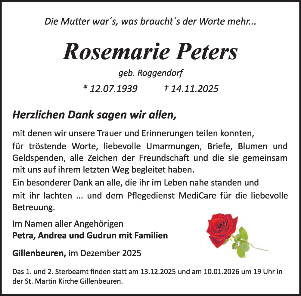  Traueranzeige für Rosemarie Peters vom 10.12.2025 aus WochenSpiegel