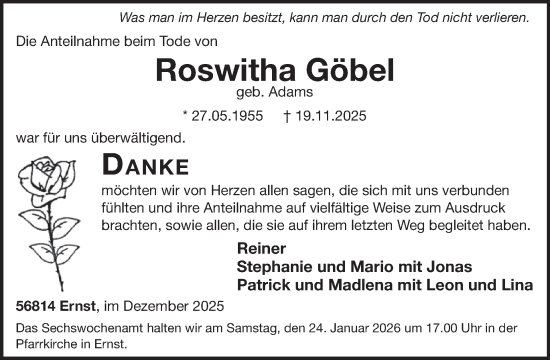 Traueranzeige von Roswitha Göbel von WochenSpiegel