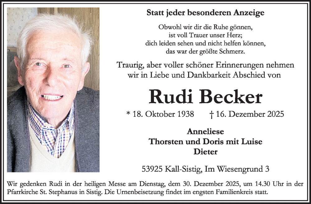  Traueranzeige für Rudi Becker vom 24.12.2025 aus WochenSpiegel