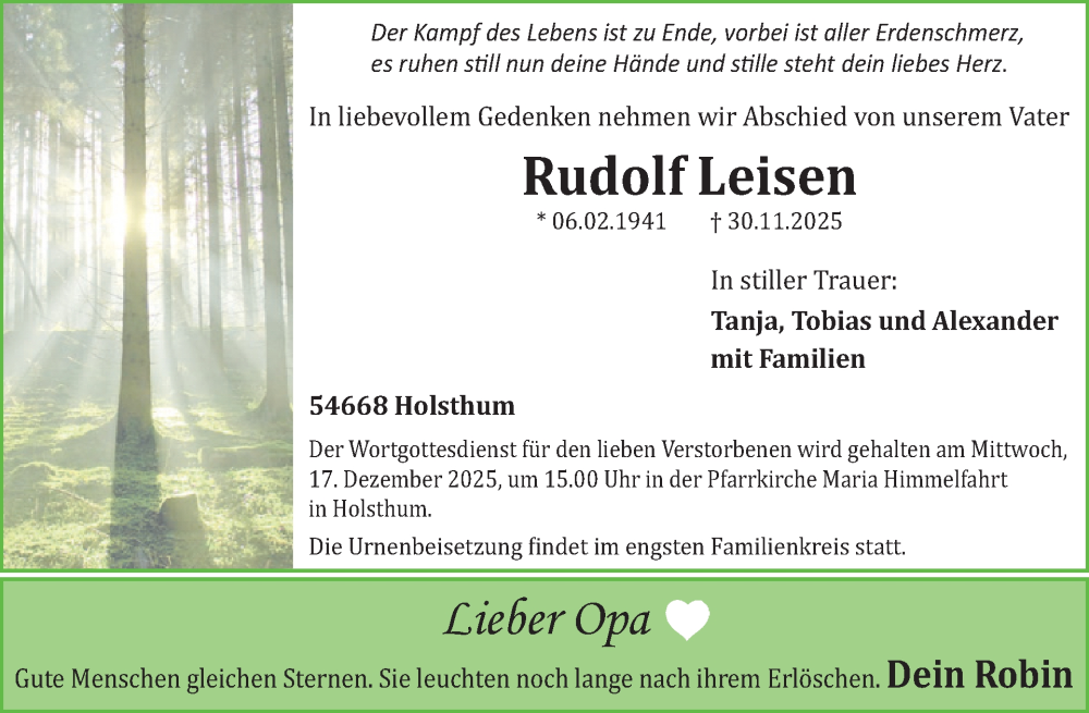  Traueranzeige für Rudolf Leisen vom 12.12.2025 aus WochenSpiegel