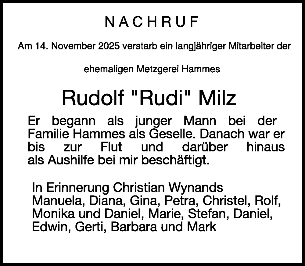  Traueranzeige für Rudolf Milz vom 03.12.2025 aus WochenSpiegel