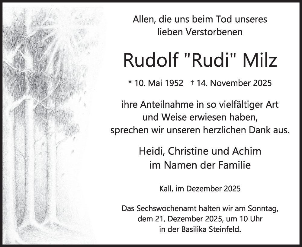  Traueranzeige für Rudolf Milz vom 17.12.2025 aus WochenSpiegel
