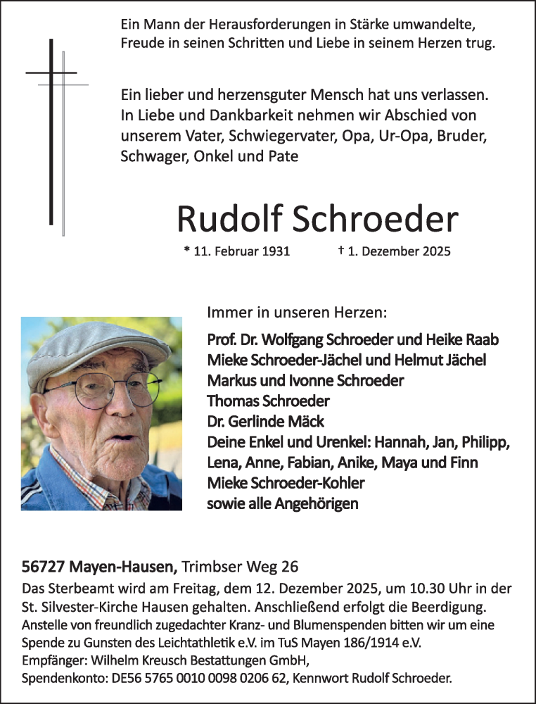  Traueranzeige für Rudolf Schroeder vom 10.12.2025 aus WochenSpiegel