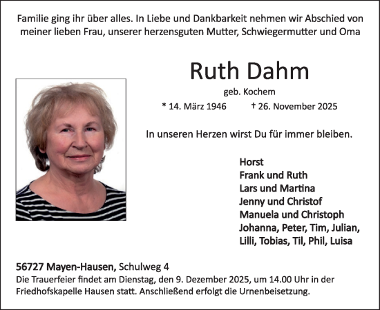 Traueranzeige von Ruth Dahm von WochenSpiegel